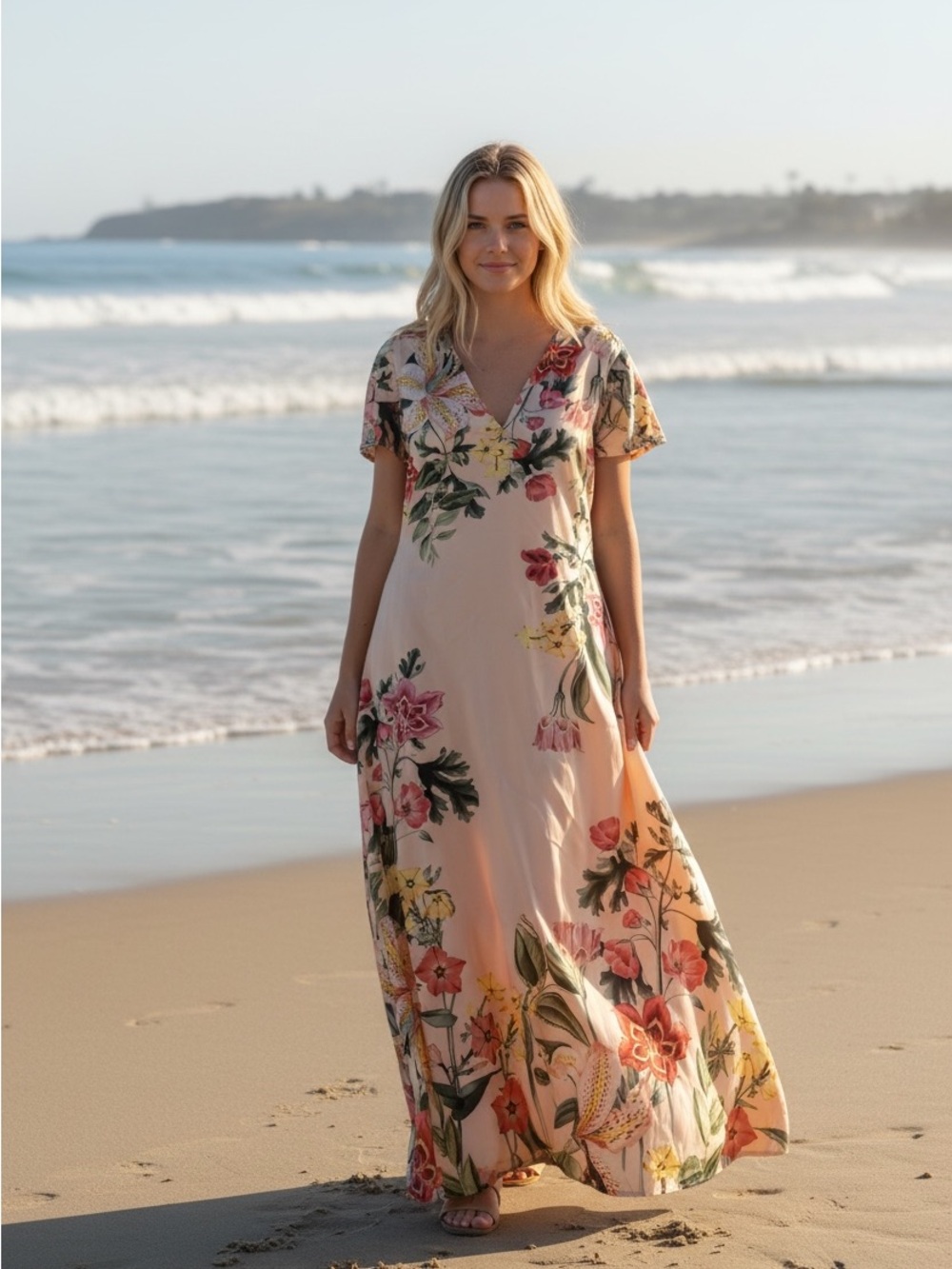 Chico's Blush Floral V-Neck Maxi Dress w/pockets